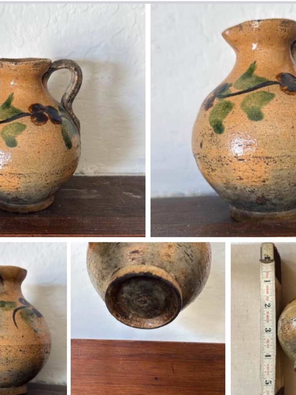 Hand-Painted Antique Mini Ceramic Pitcher Vase in Tan with Green Floral Accent